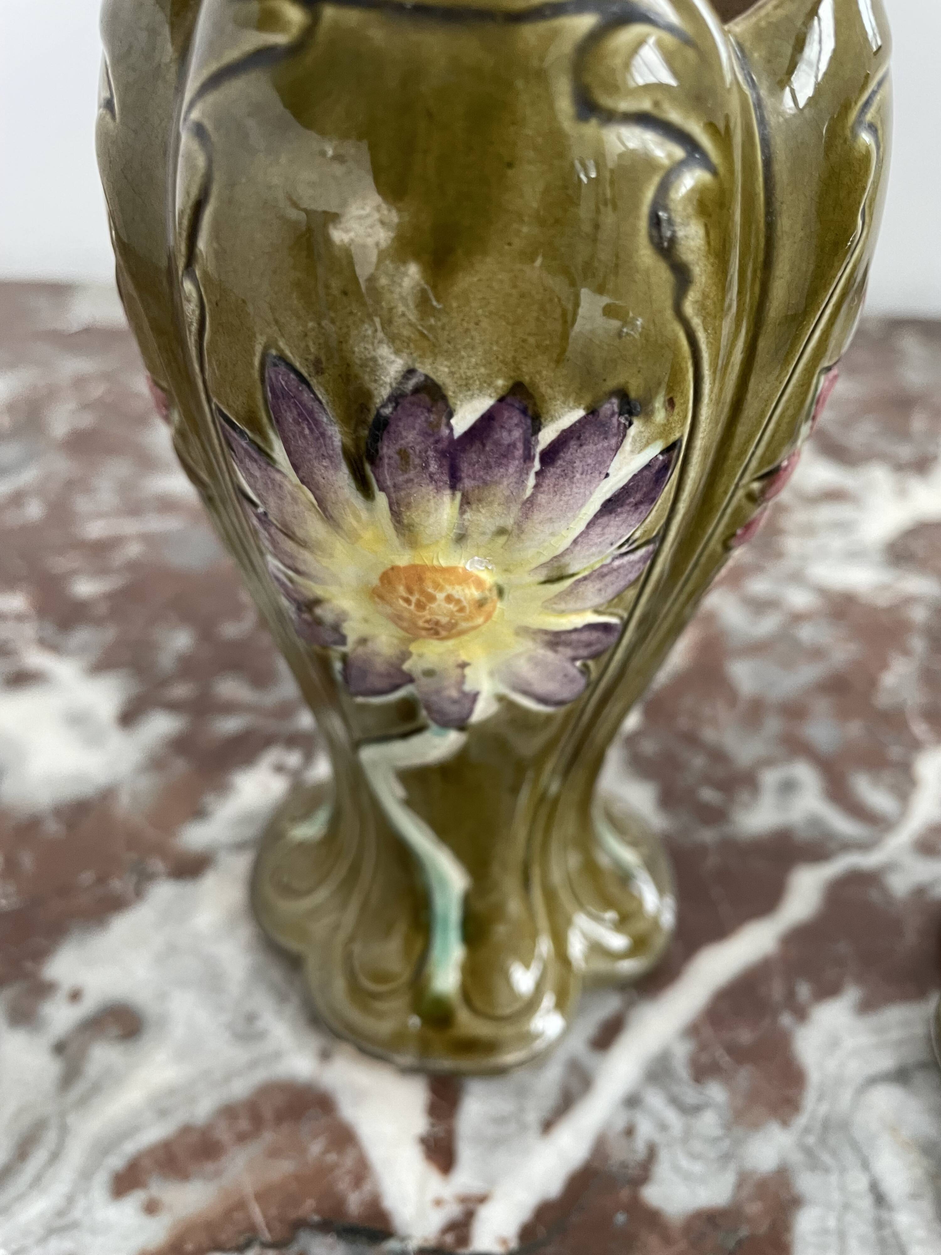 Barbotine vases, pair, Art Nouveau, DE BRUYN earthenware, signed, numbered