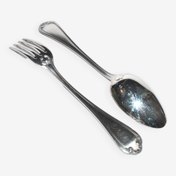 Set of 2 silver metal table cutlery DEETJEN fork + soup spoon 21.5cm