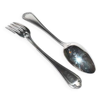 Set of 2 silver metal table cutlery DEETJEN fork + soup spoon 21.5cm