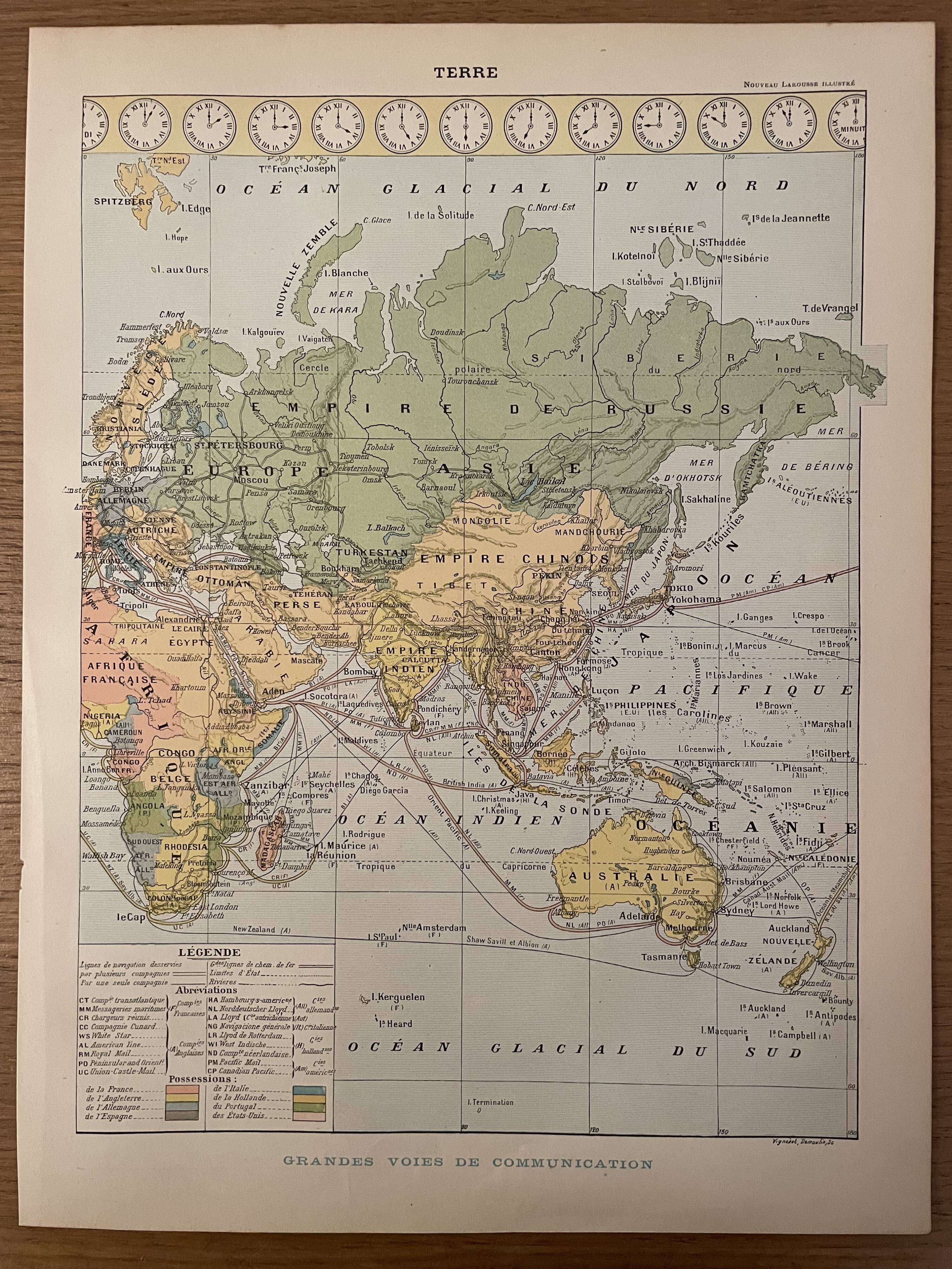 Lithography on Earth from 1897 - major communication routes, population density and religions