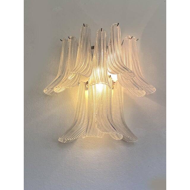 Contemporary Transparent Diamanted Murano Glass "Selle" Wall Sconces in Mazzega Style - A Pair