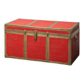 Vintage metal chest with red leather covering, 1950s