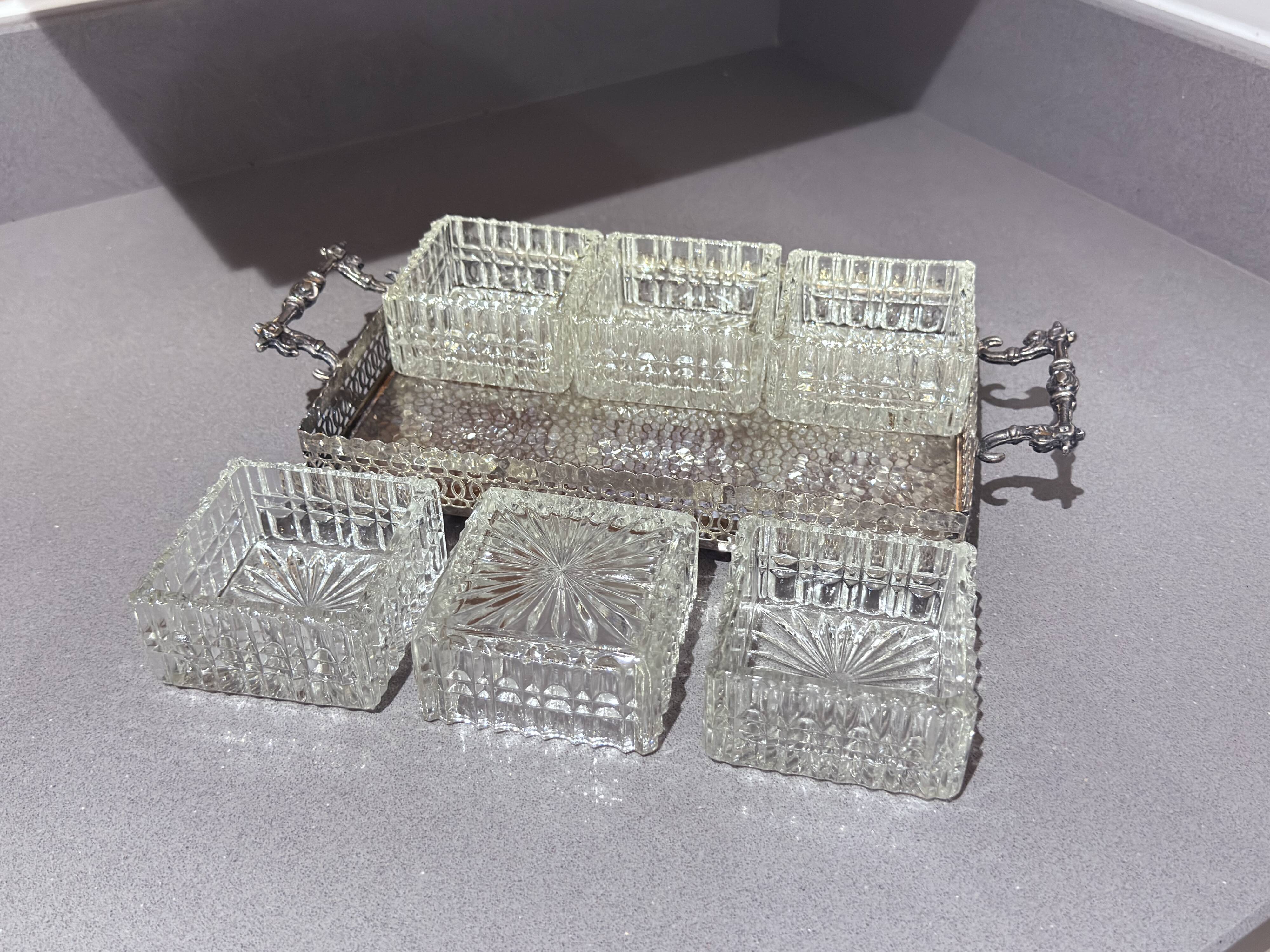 Silver-Plated Tray with Six Cut Glass Dishes, Vintage Entertaining Set
