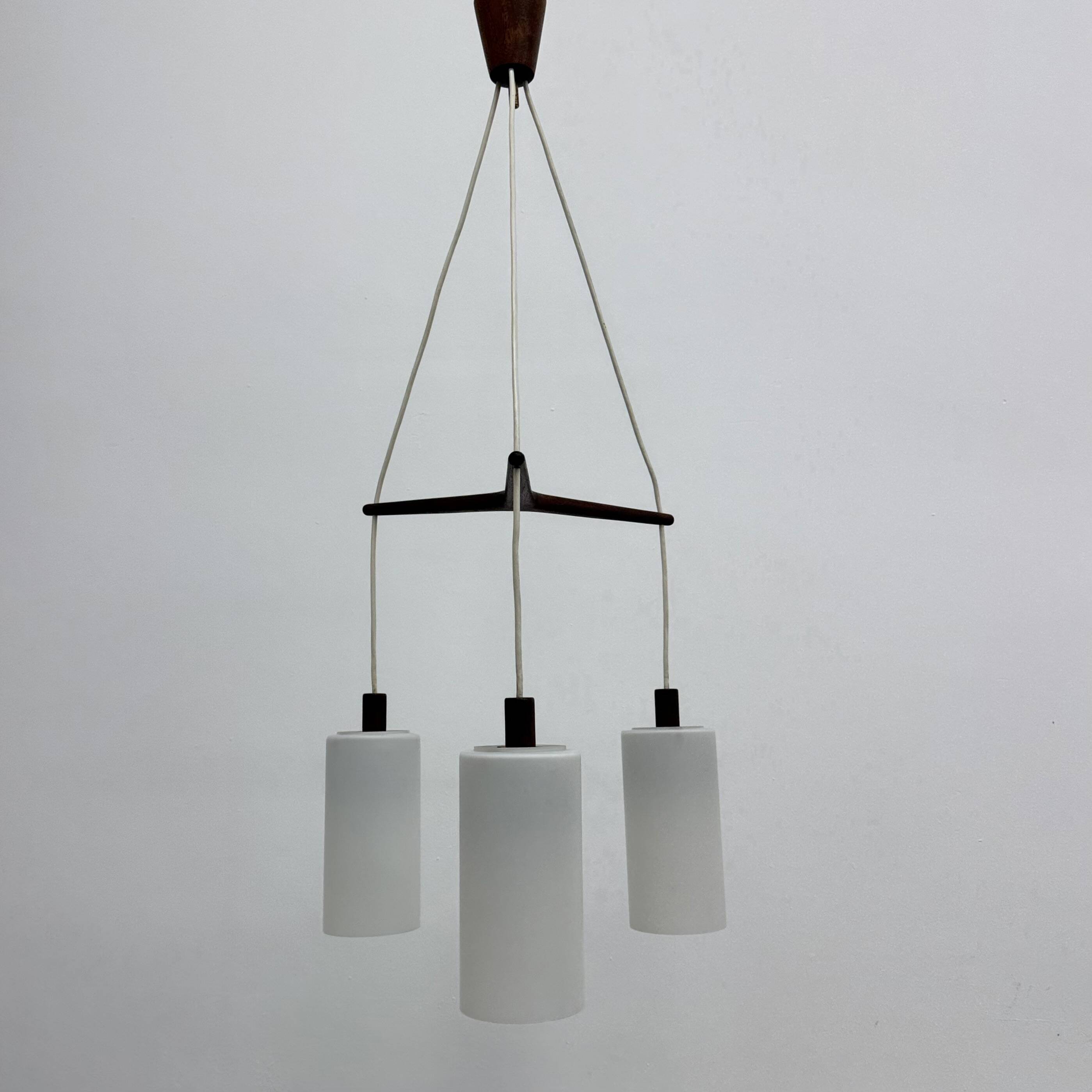 Mid-century design pendant lamp teak and opaline glass, 1970s