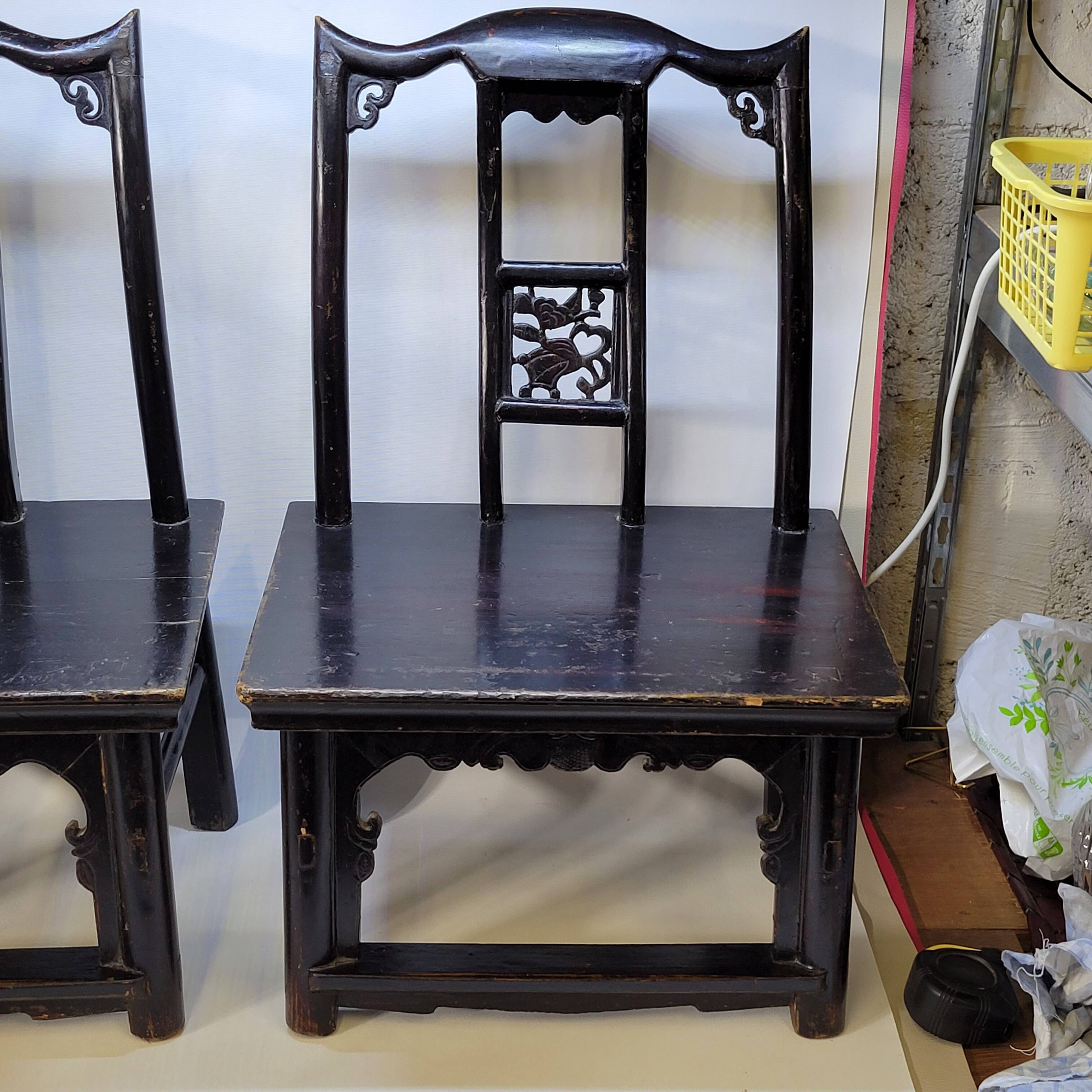 Pair of old chairs armchairs 19th century Chinese stools in black lacquered wood