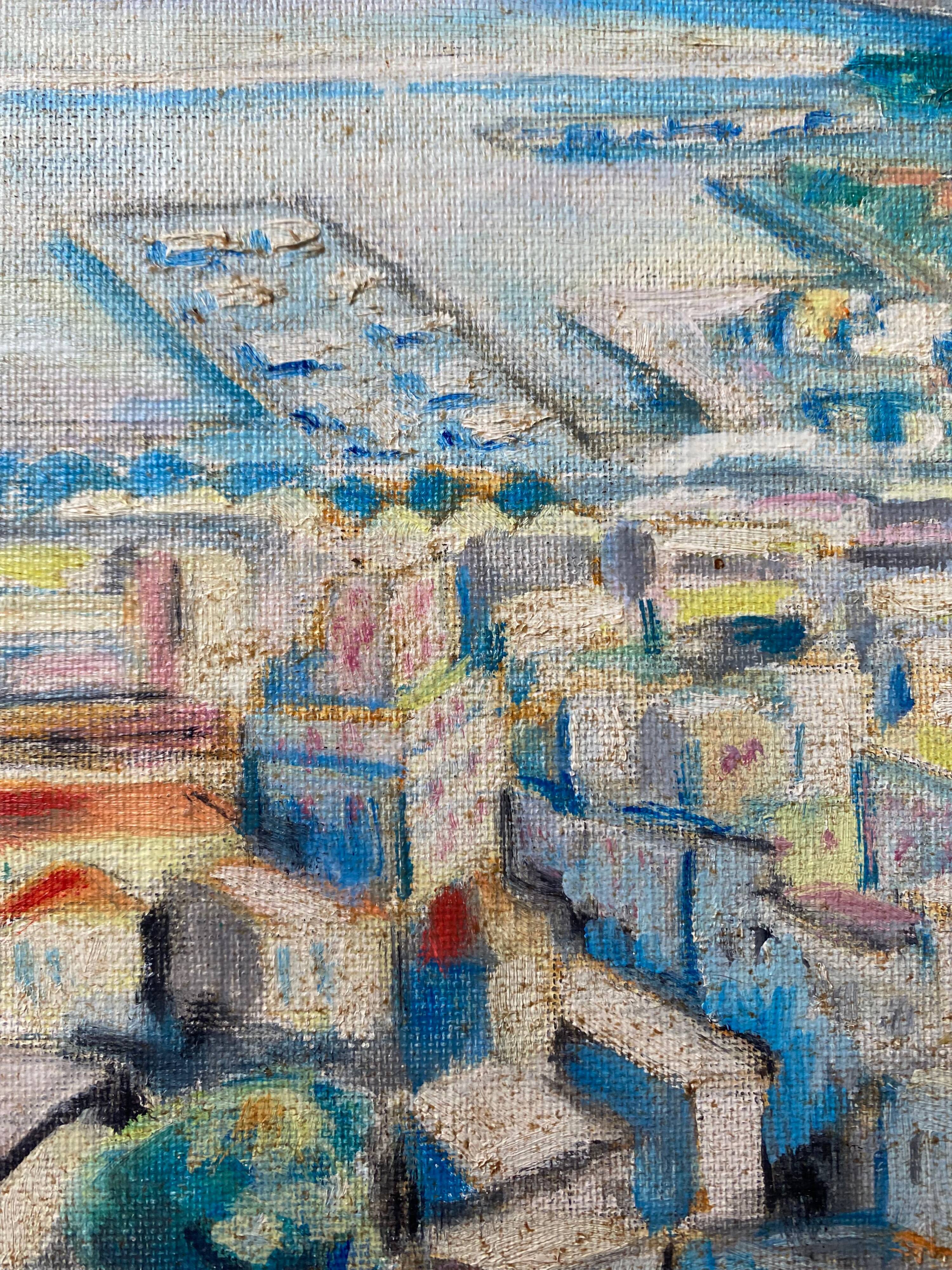 Marine painting "Mediterranean Port" post cubist signed P. Castille Orientaliste