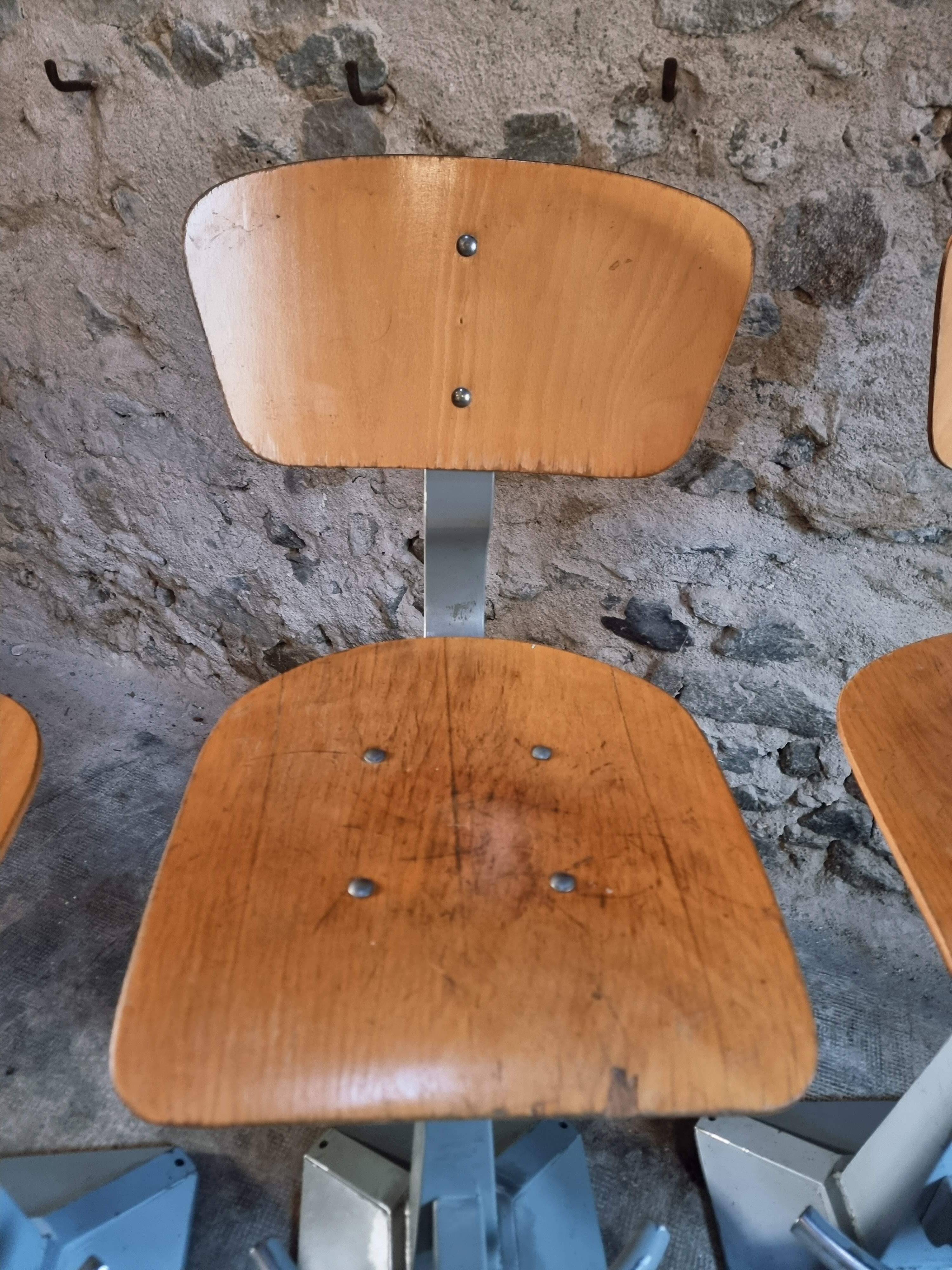 Set of 3 industrial swivel workshop chairs – fixed height bar stools – mid-century factory seats