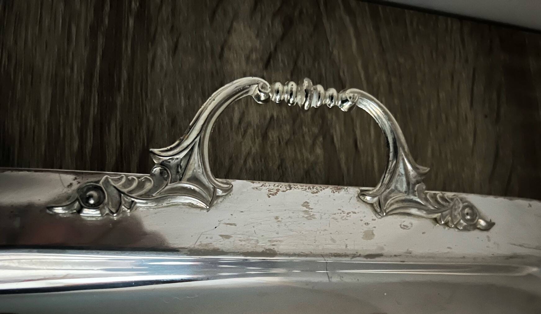 Large old stainless steel tray with stylish handles