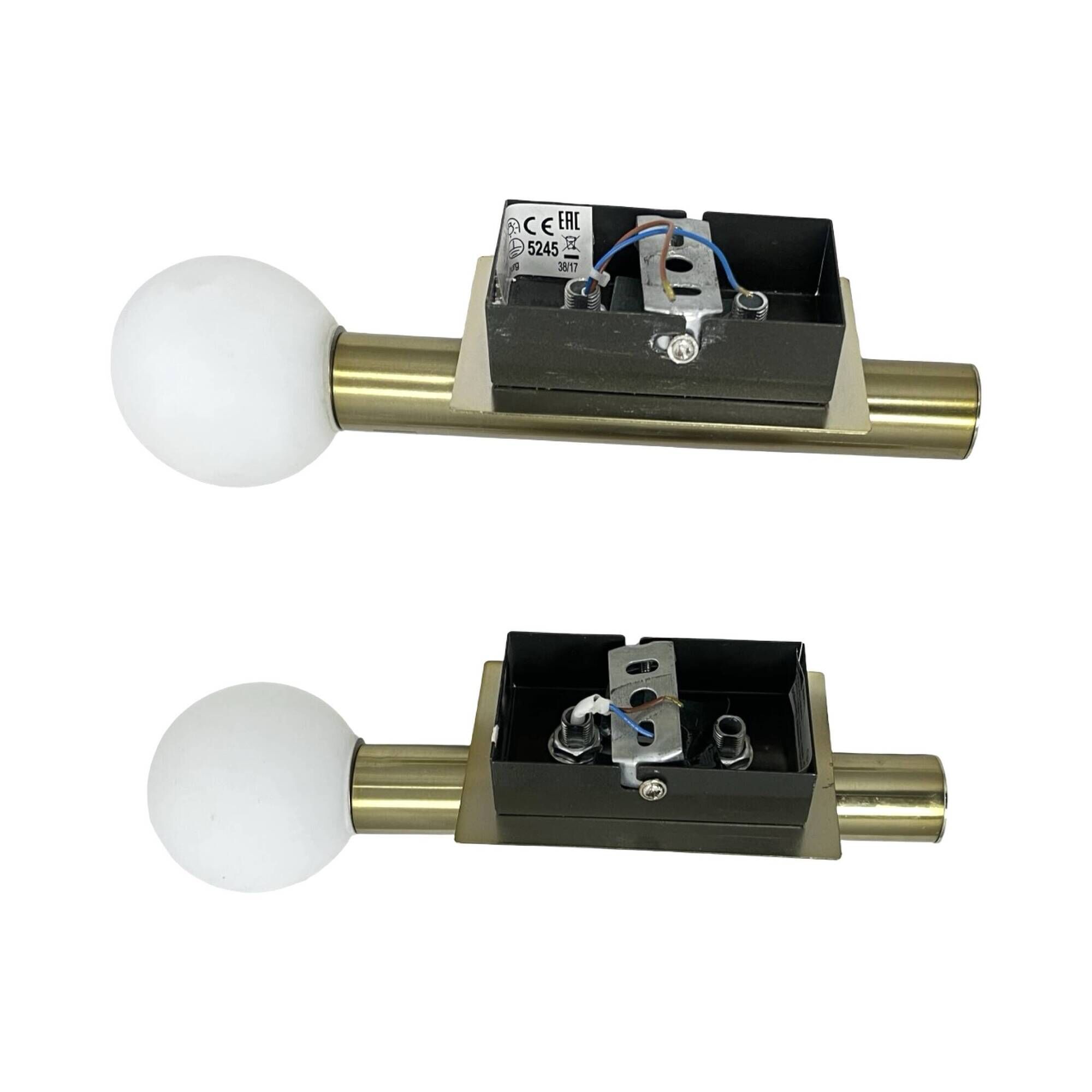 Pair of Lucky Brilliant wall sconces, brass and white globes, Art Deco styl