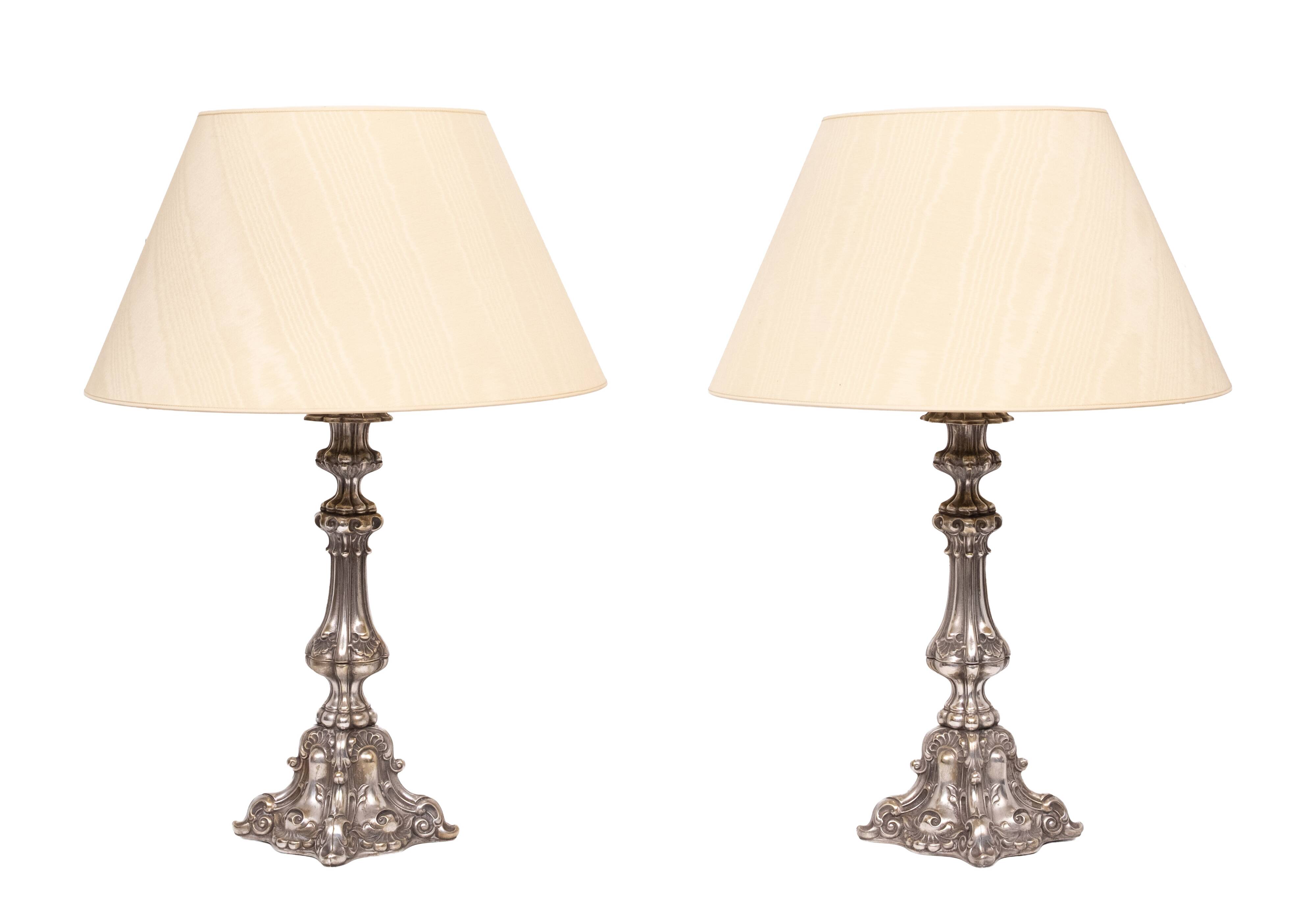 Stunning set of Rococo Silver Plated table lamps 1920s