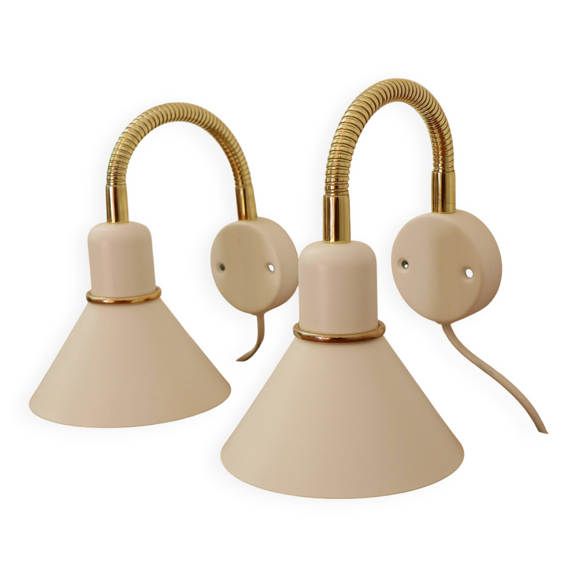 Pair of Scandinavian wall lights in white metal and gold metal