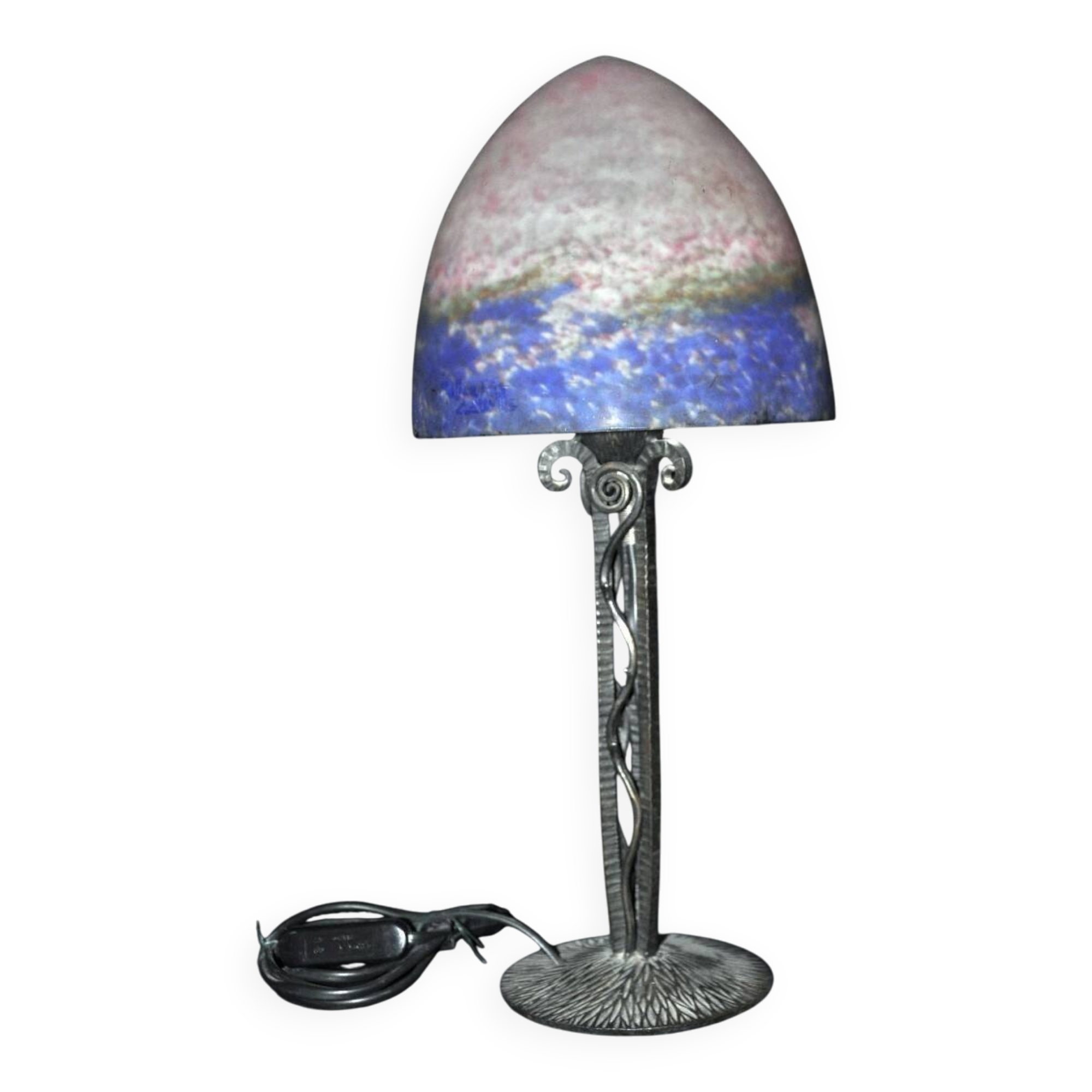 Lamp circa 1925, lampshade signed Muller Frères, wrought iron base