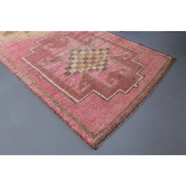 Vintage Turkish hand-knotted wool cotton pink runner rug 92x290