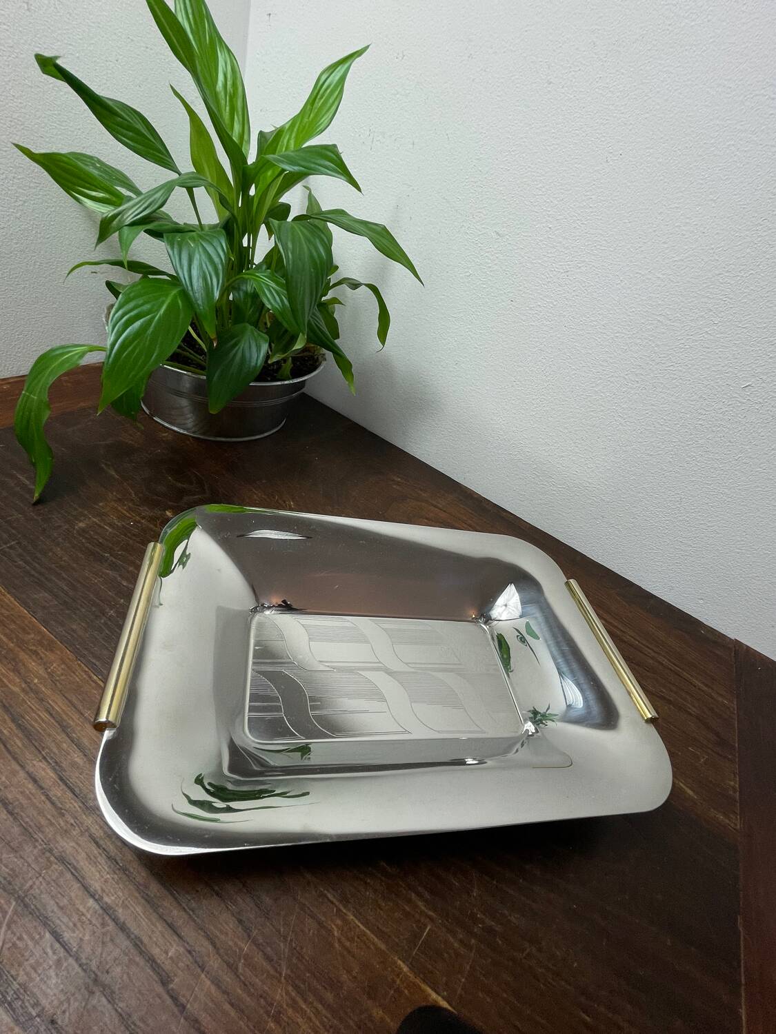 Silver and gold metal serving tray