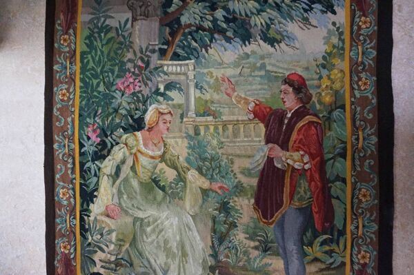 Tapisserie Aubusson française antique avec scène romantique