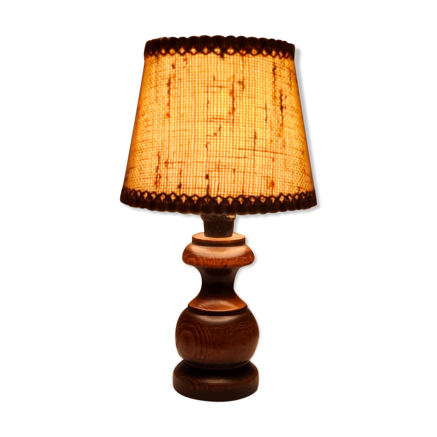 Bedside lamp wooden foot, clip jute lampshade, seventies