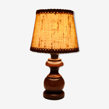 Bedside lamp wooden foot, clip jute lampshade, seventies