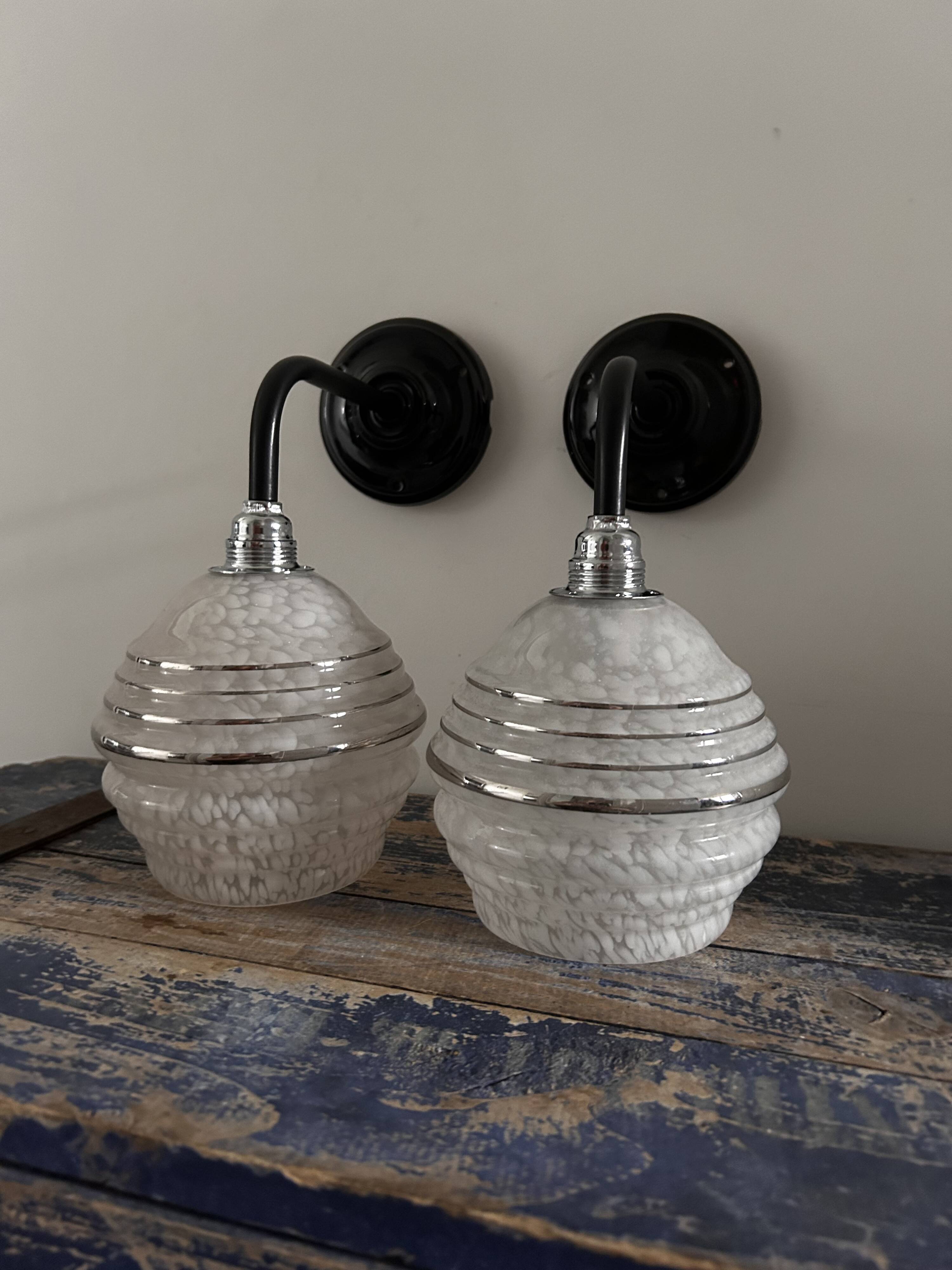 Pair of white, black and silver Art Deco wall lights