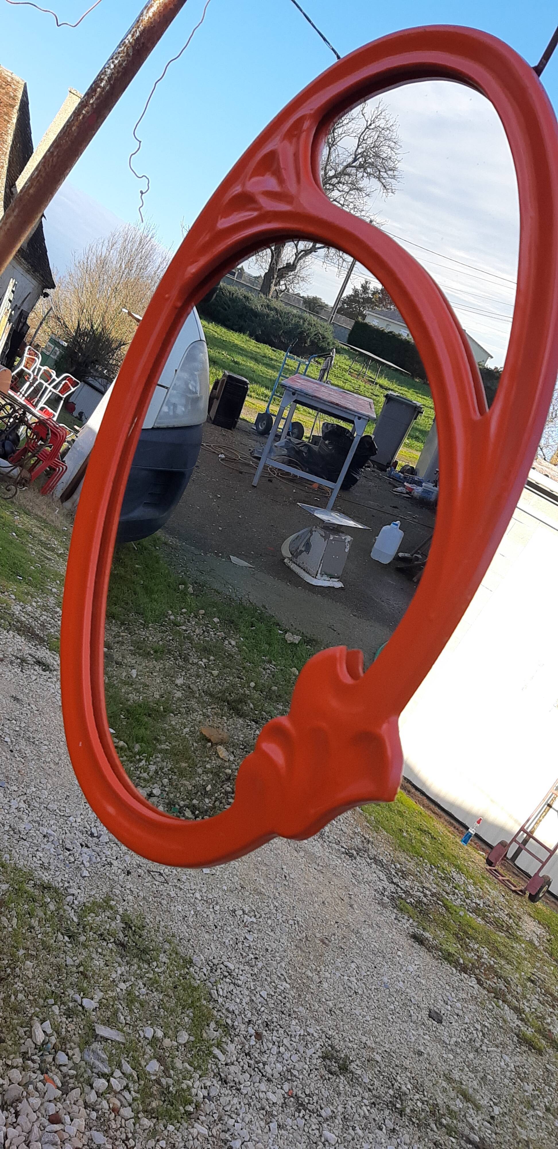 Vintage mirror enamelled cast iron orange