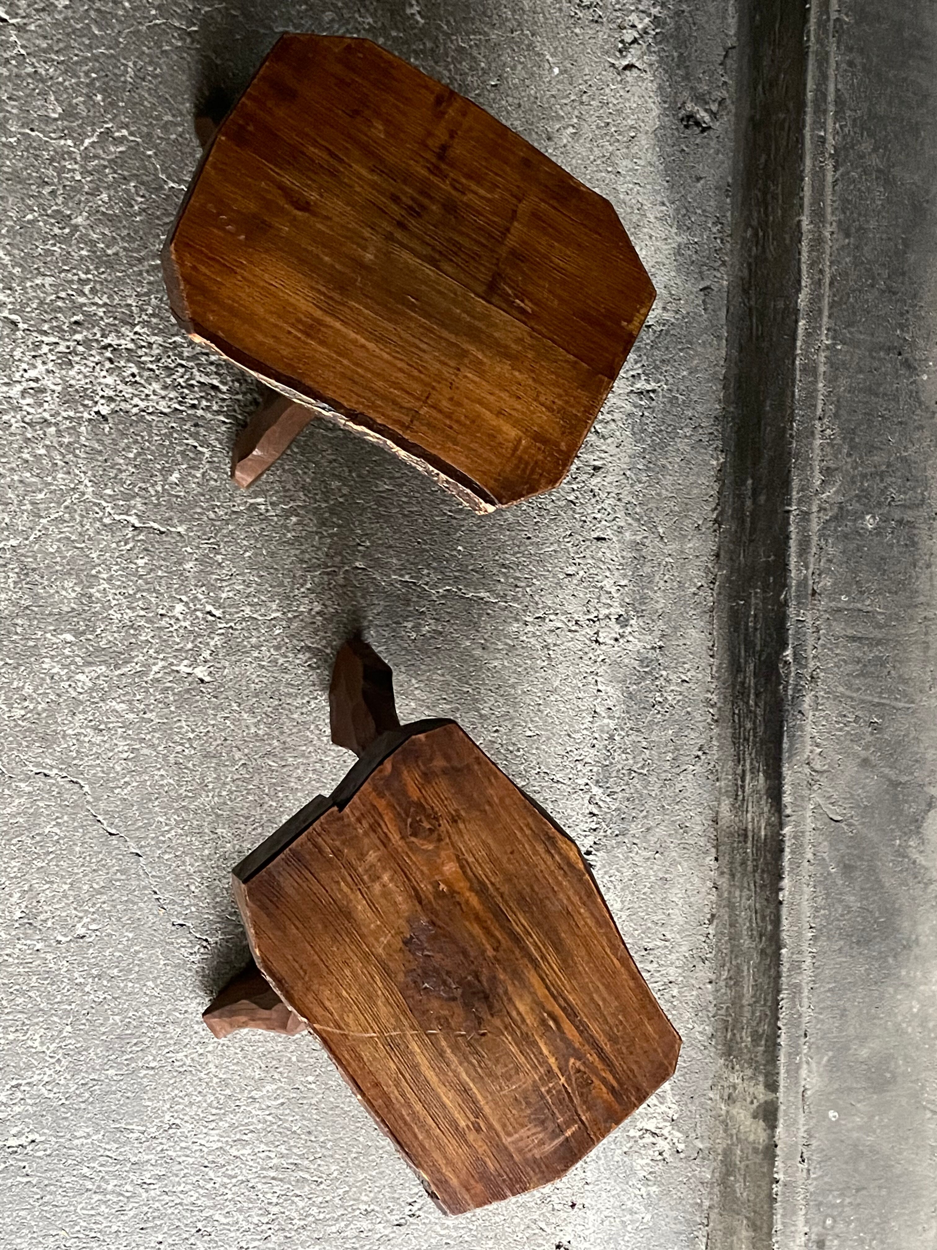 Pair of tripod stools in solid oak, France 1940s