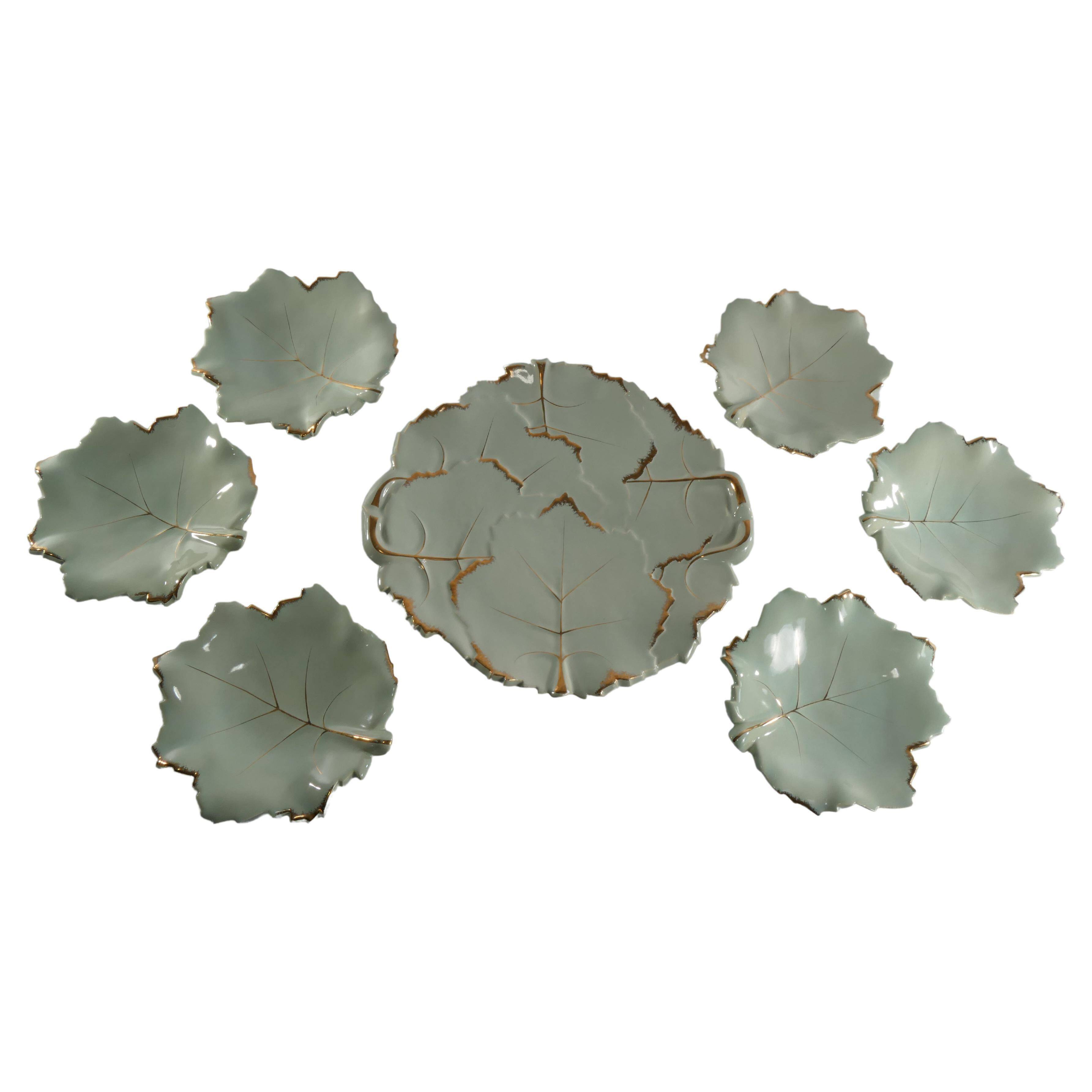 Art Deco Pistachio and Gold Leaf Plates Viloca Paris Caffarelli