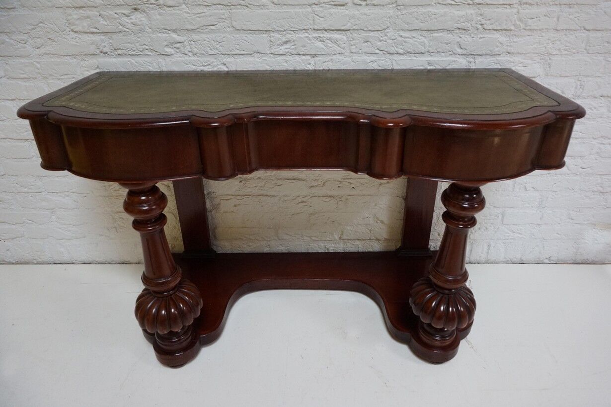 Biedermeier mahogany wall console table or desk with leather inlay top and drawer