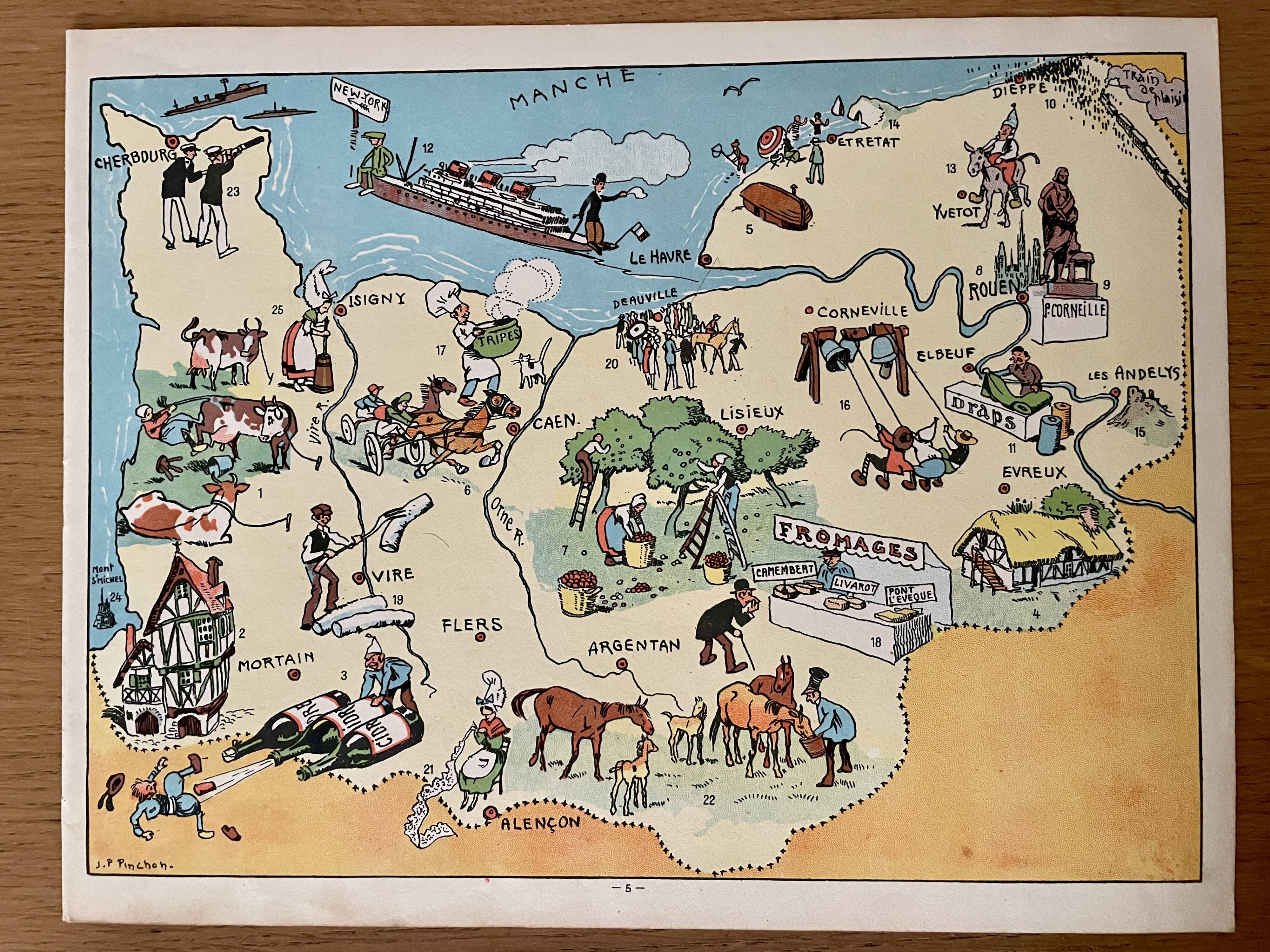 Old poster illustrated map of Normandy 1935 - JP Pinchon