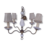 Lustre à 4 branches en métal doré et opaline