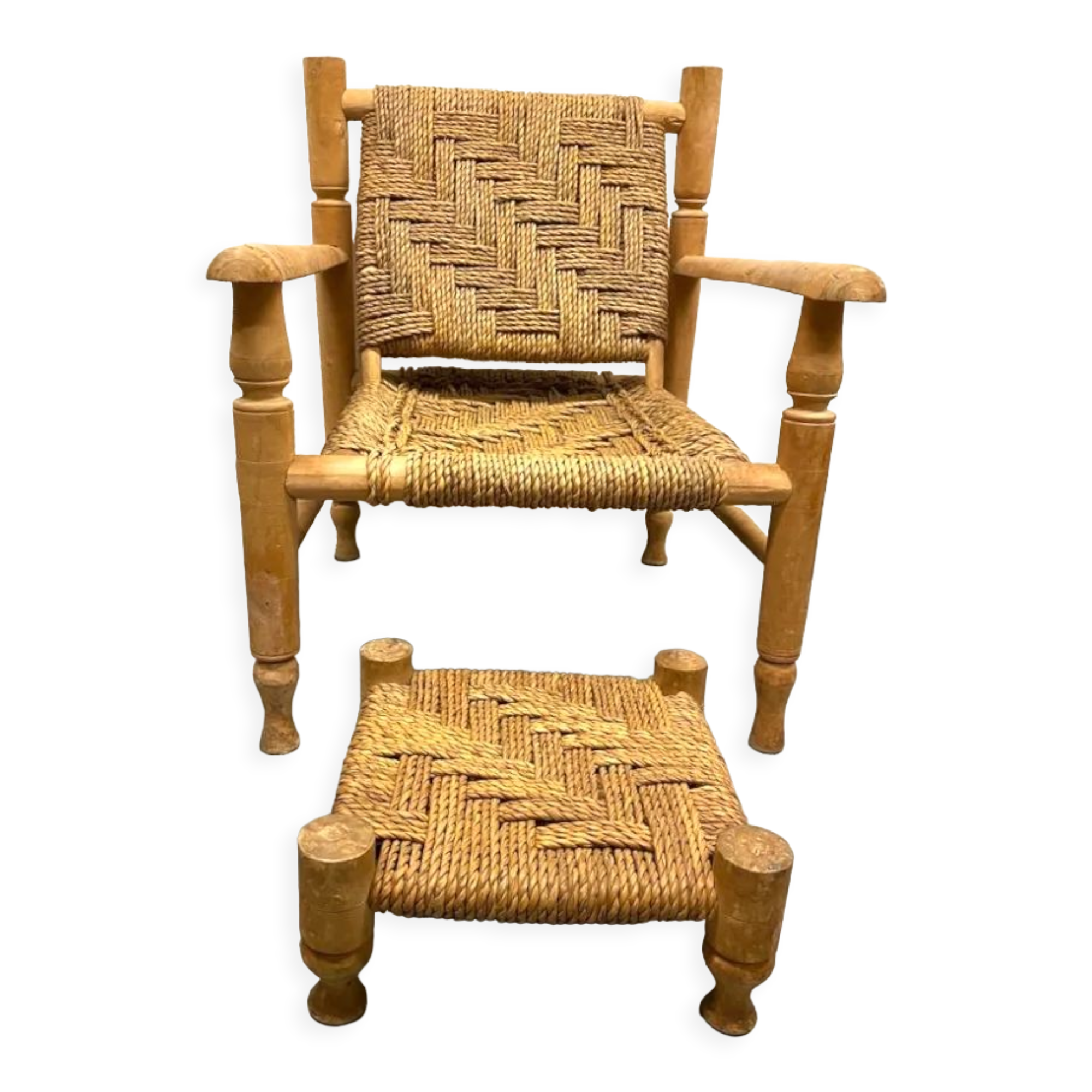 Wood and rope armchair and footrest