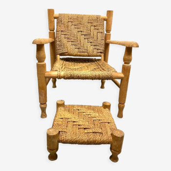 Fauteuil et repose pied en bois et corde