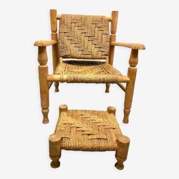 Wood and rope armchair and footrest