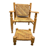 Wood and rope armchair and footrest