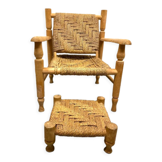 Fauteuil et repose pied en bois et corde