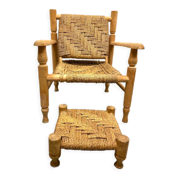 Fauteuil et repose pied en bois et corde
