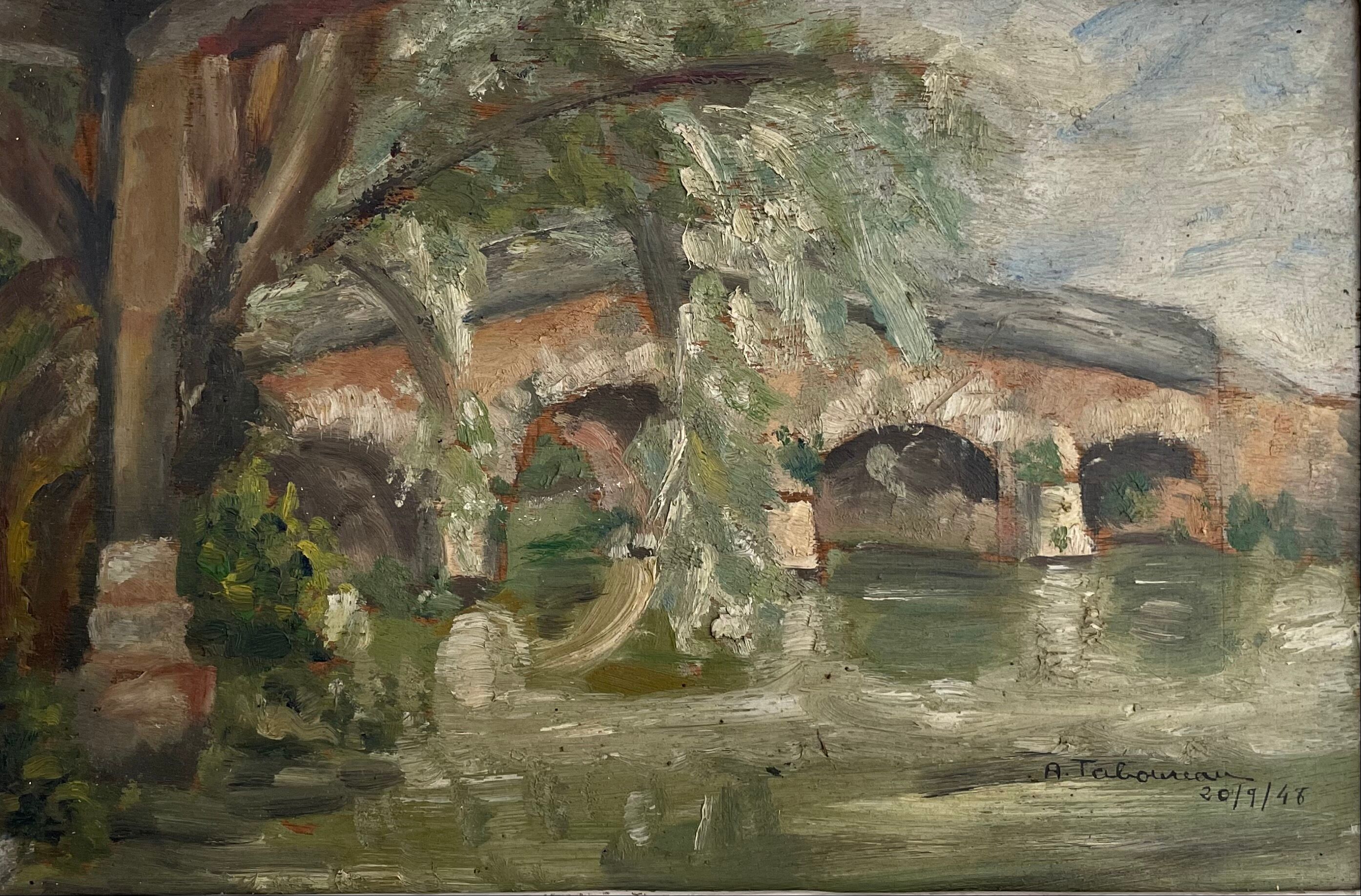 Painting old landscape painting bridge XXth A.Taboureau 1948