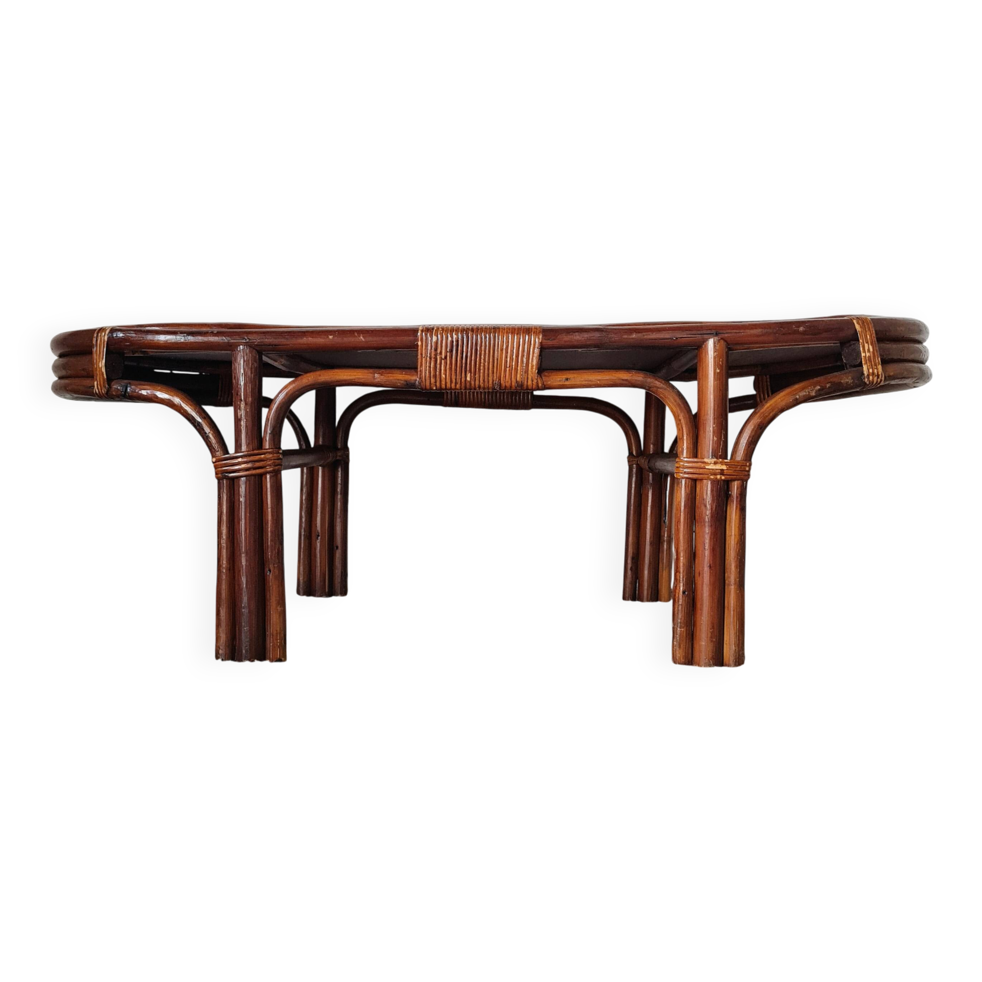 Grande table basse ancienne en rotin et cannage – Esprit bohème