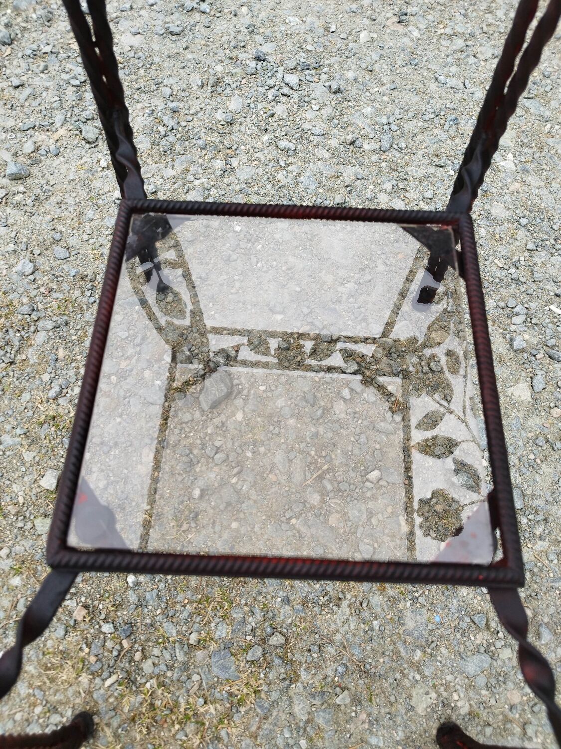 Table guéridon console sellette en fer forgé à décor de rose verre