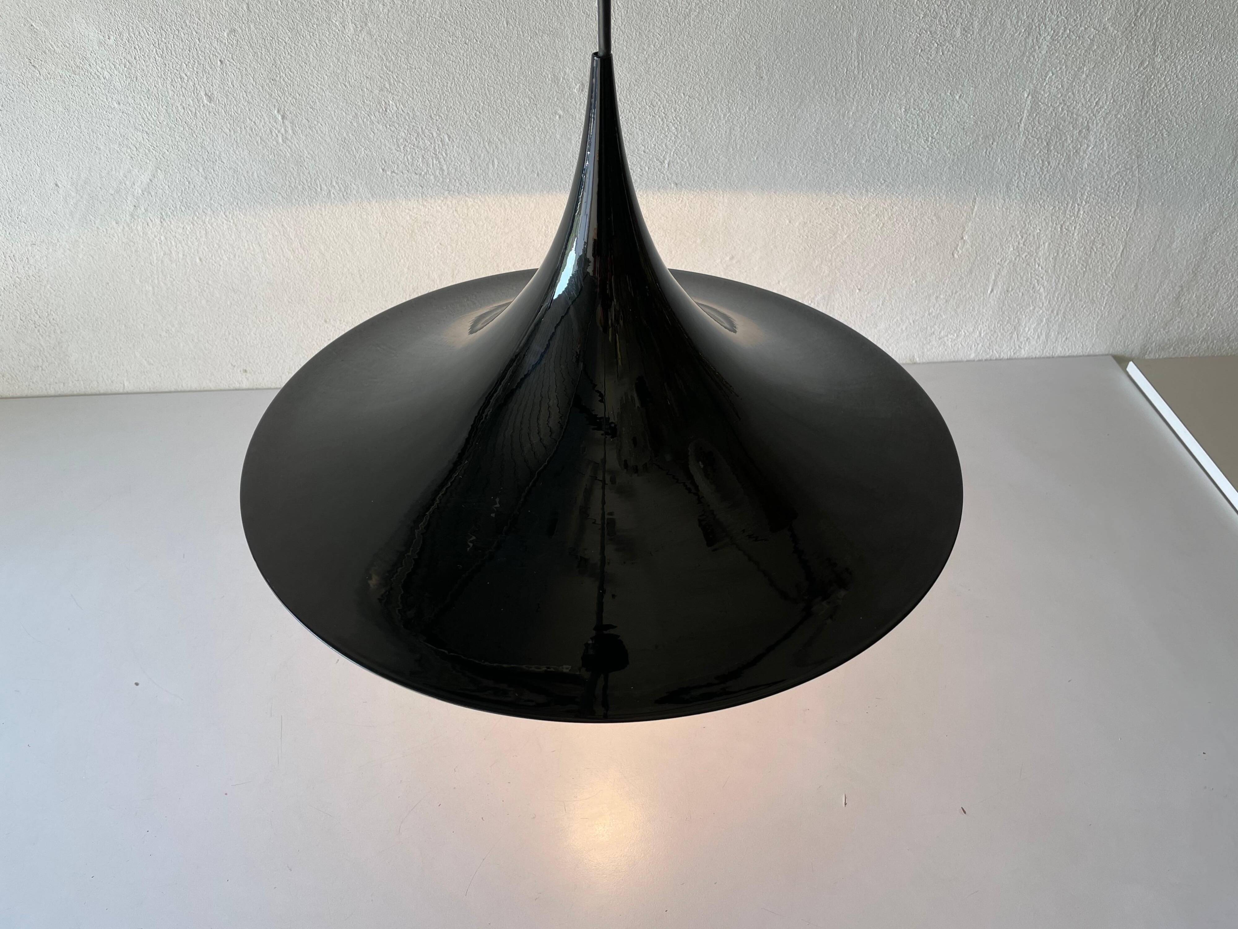 Black metal pendant lamp with trumpet design, 1960s, Italy.