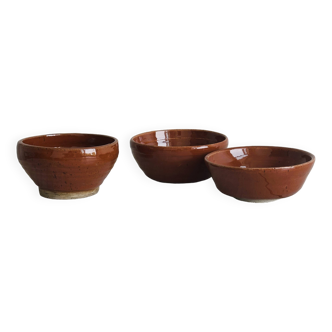 3 handmade pottery ramekins, glazed brown artisanal ceramic