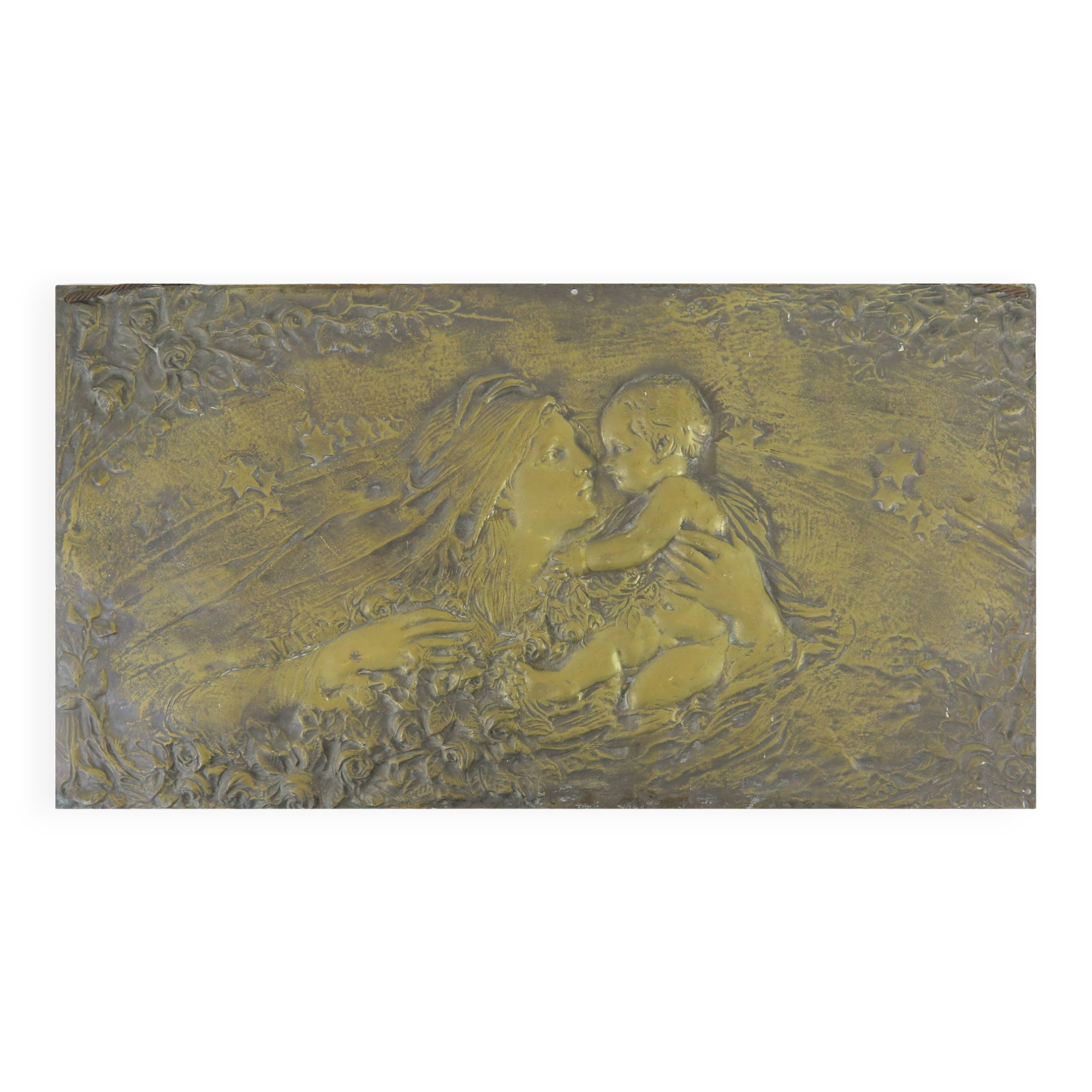 Art nouveau bronze sculpture bas-relief wall panel portrait of mother and child Italy early 20th X7