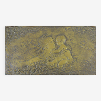 Sculpture en bronze Art nouveau bas-relief panneau mural portrait de mère et enfant Italie début 20ème X7