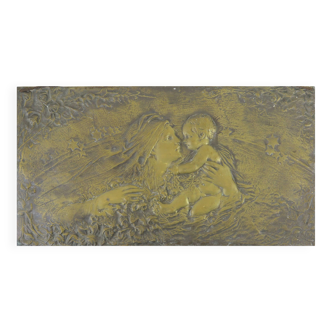 Sculpture en bronze Art nouveau bas-relief panneau mural portrait de mère et enfant Italie début 20ème X7