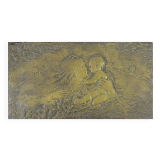 Art nouveau bronze sculpture bas-relief wall panel portrait of mother and child Italy early 20th X7