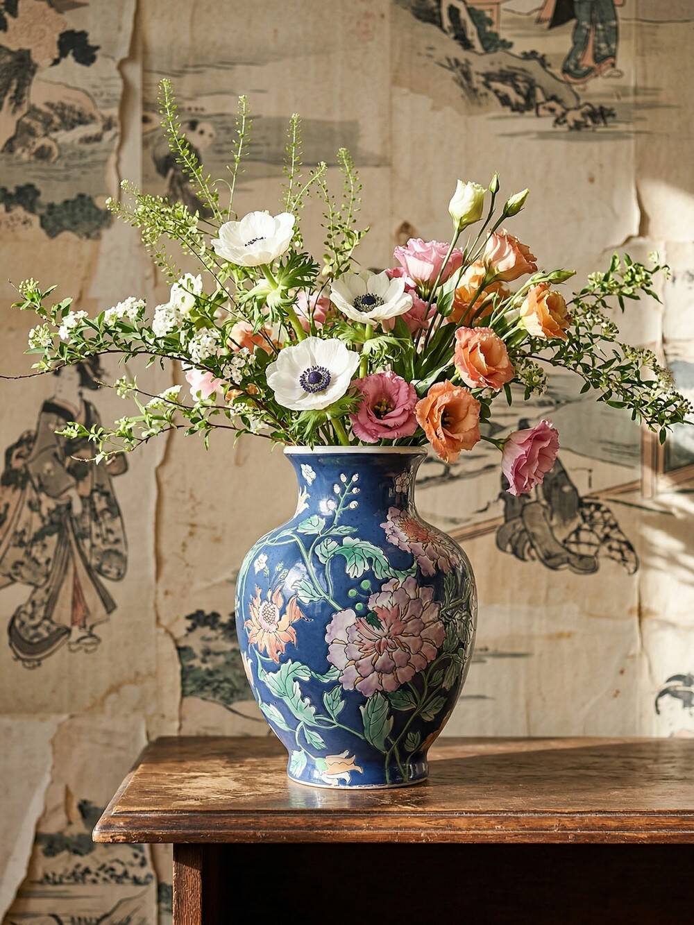 Large baluster vase in Chinese porcelain with vintage floral decoration from the 1970s-80s.