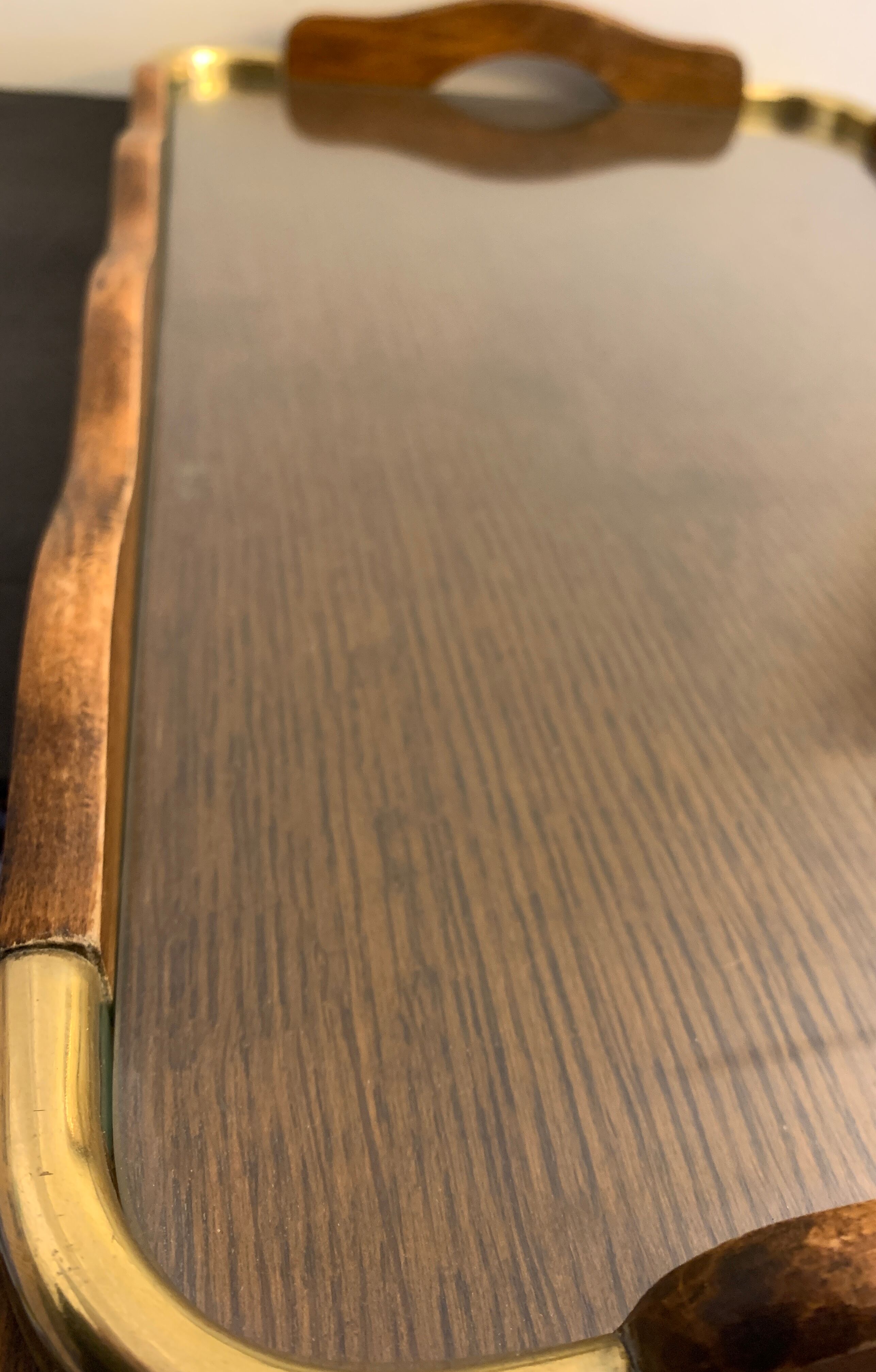 Serving tray in wood, brass and glass, 1960