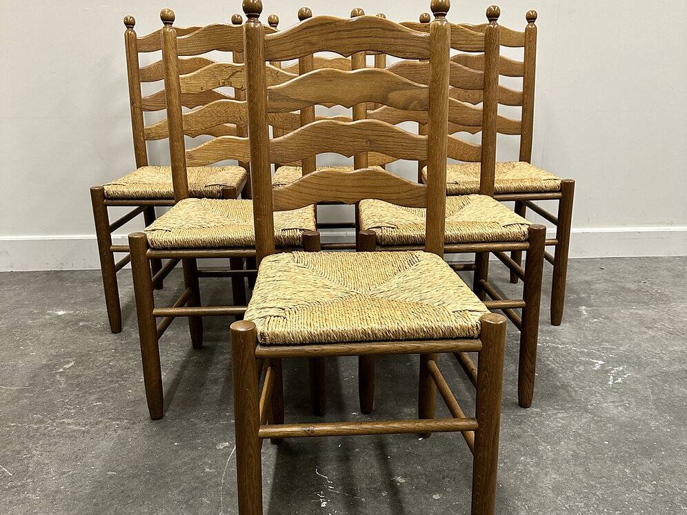 Set of 6 French Provence oak farmhouse country dining chairs with rush seating