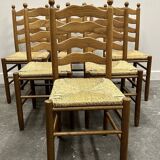 Set of 6 French Provence oak farmhouse country dining chairs with rush seating