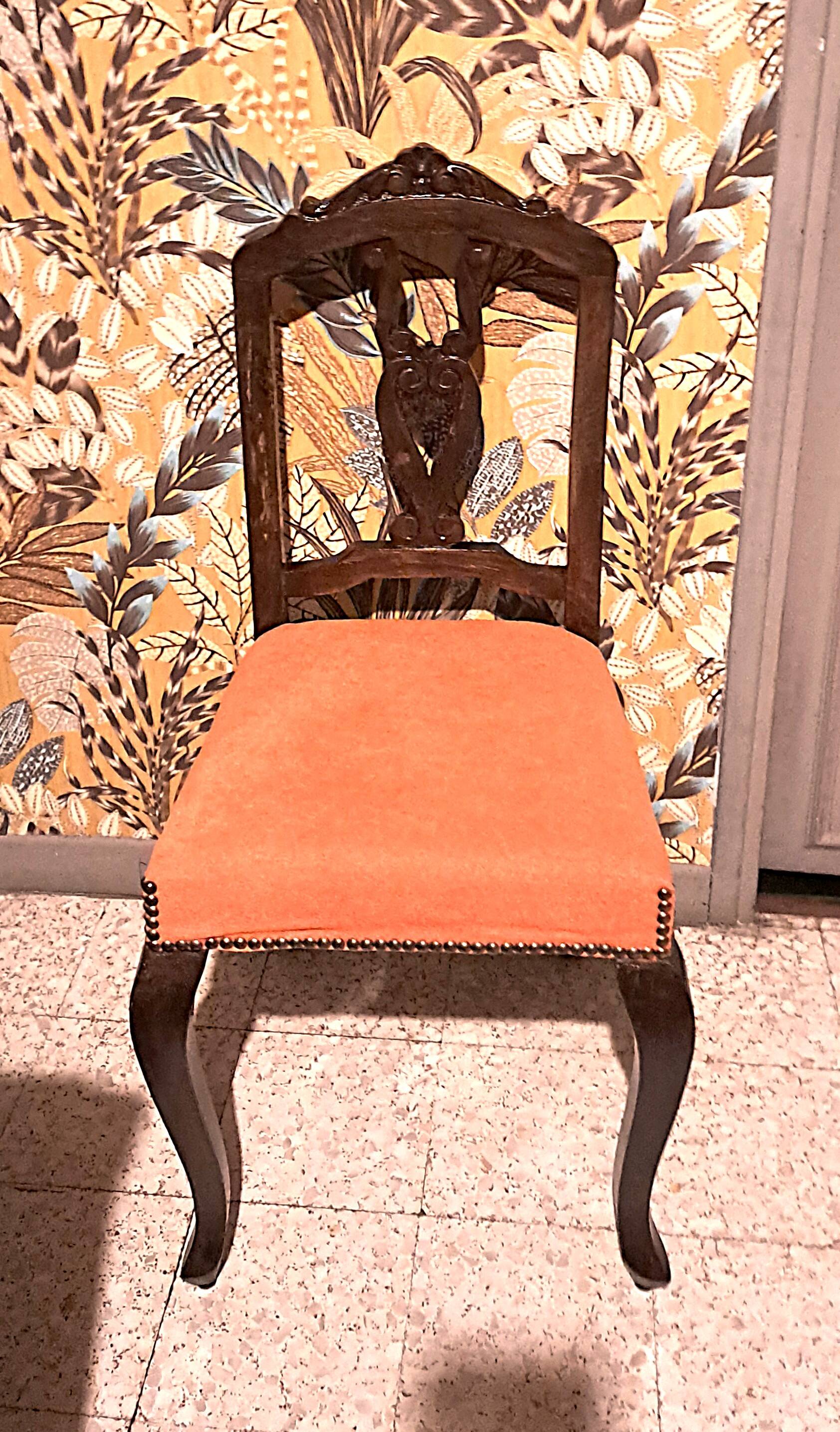 Varnished wood chair with orange velvet fabric, 1880/1900