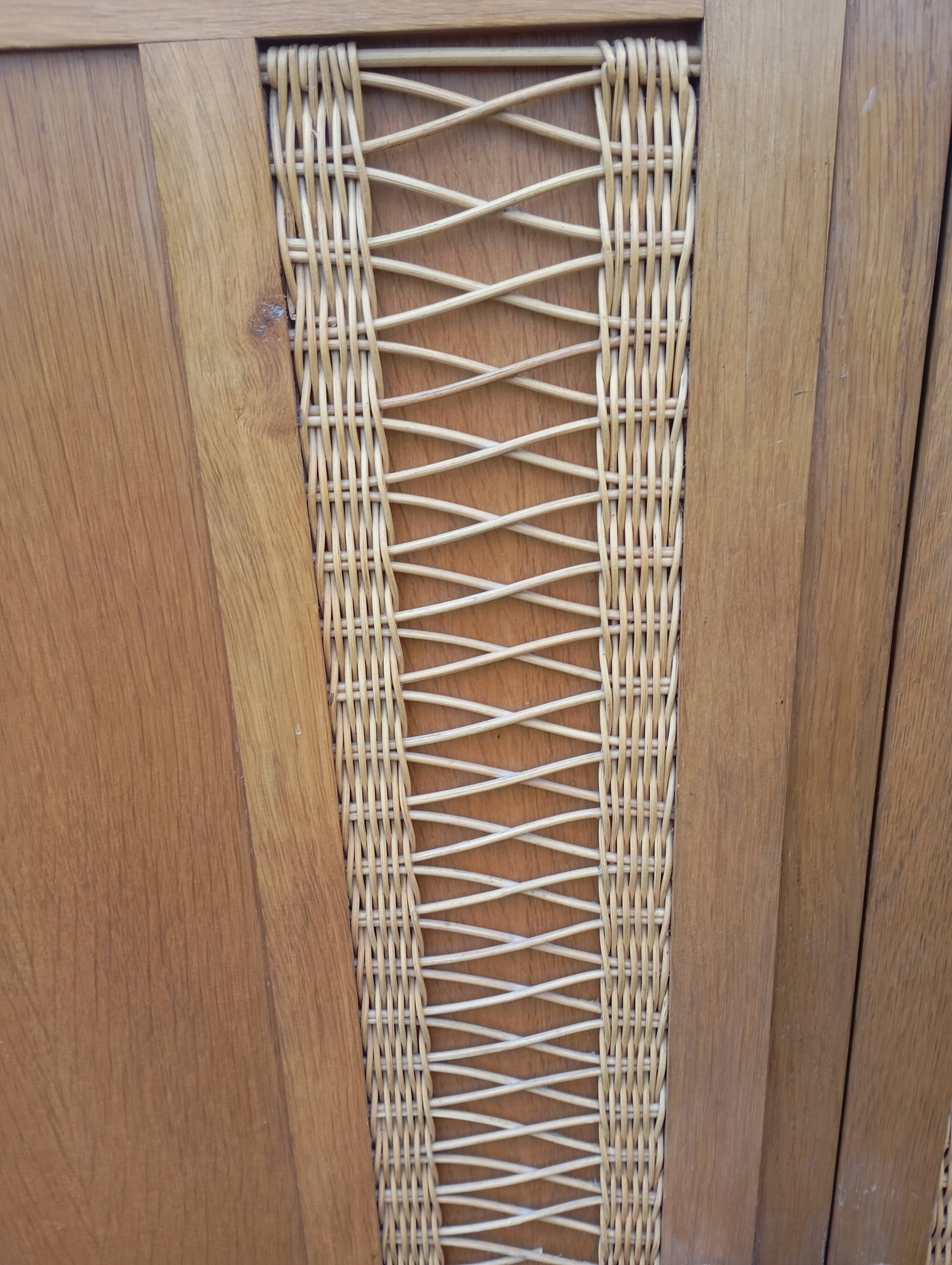 Vintage oak and rattan wardrobe