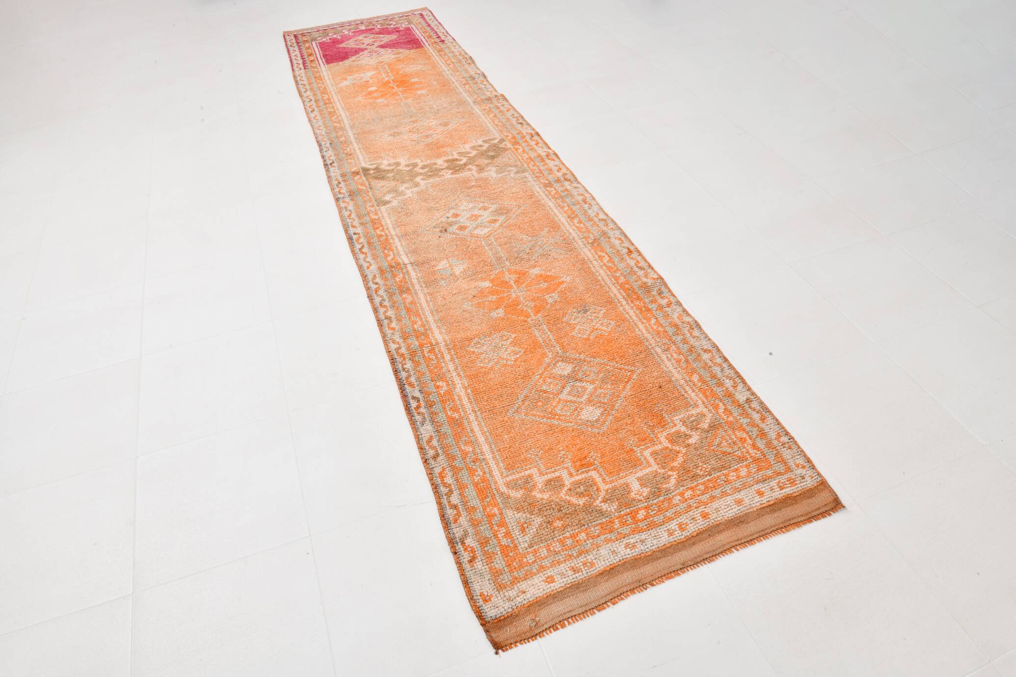 2x13 Soft Orange & Fuchsia Pattern Rug, Vintage Ousahk Runner Rug,90x381 Cm